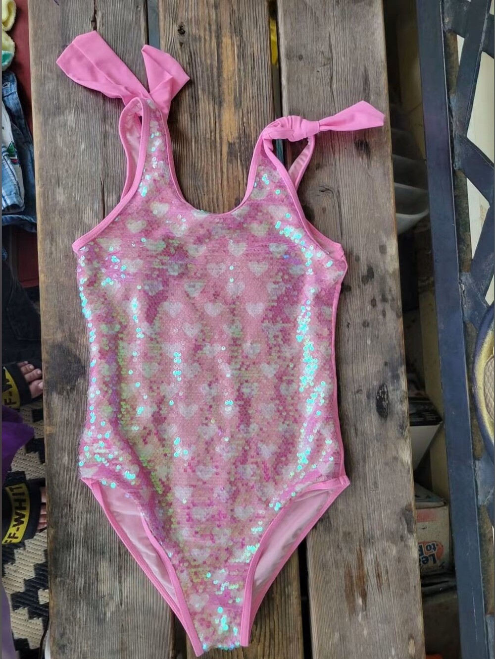 LOLA + THE BOYS Girls SZ 14Y VGUC PINK Hearts Sequin 1pc Swimsuit Bow